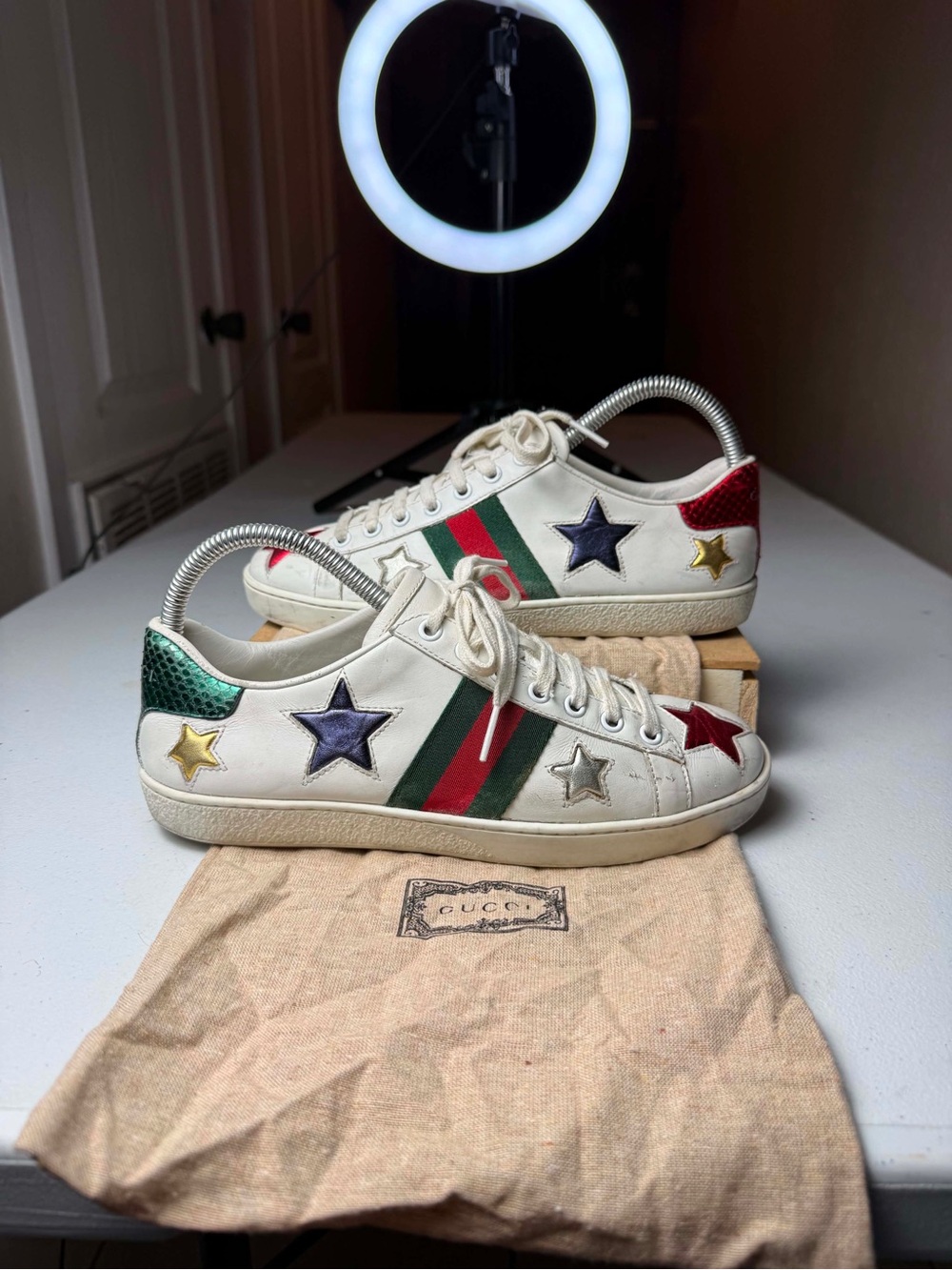 Gucci Ace Star Sneakers White & Metallic Red Green Sz 37 / US 7